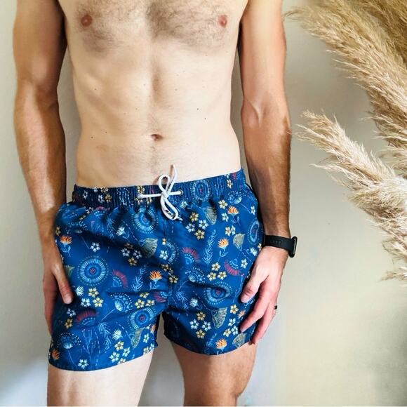 MENS TADLEE Blue White Yellow Floral Tropical Swim Trunks Shorts 5" Swimsuit M - Picture 1 of 12